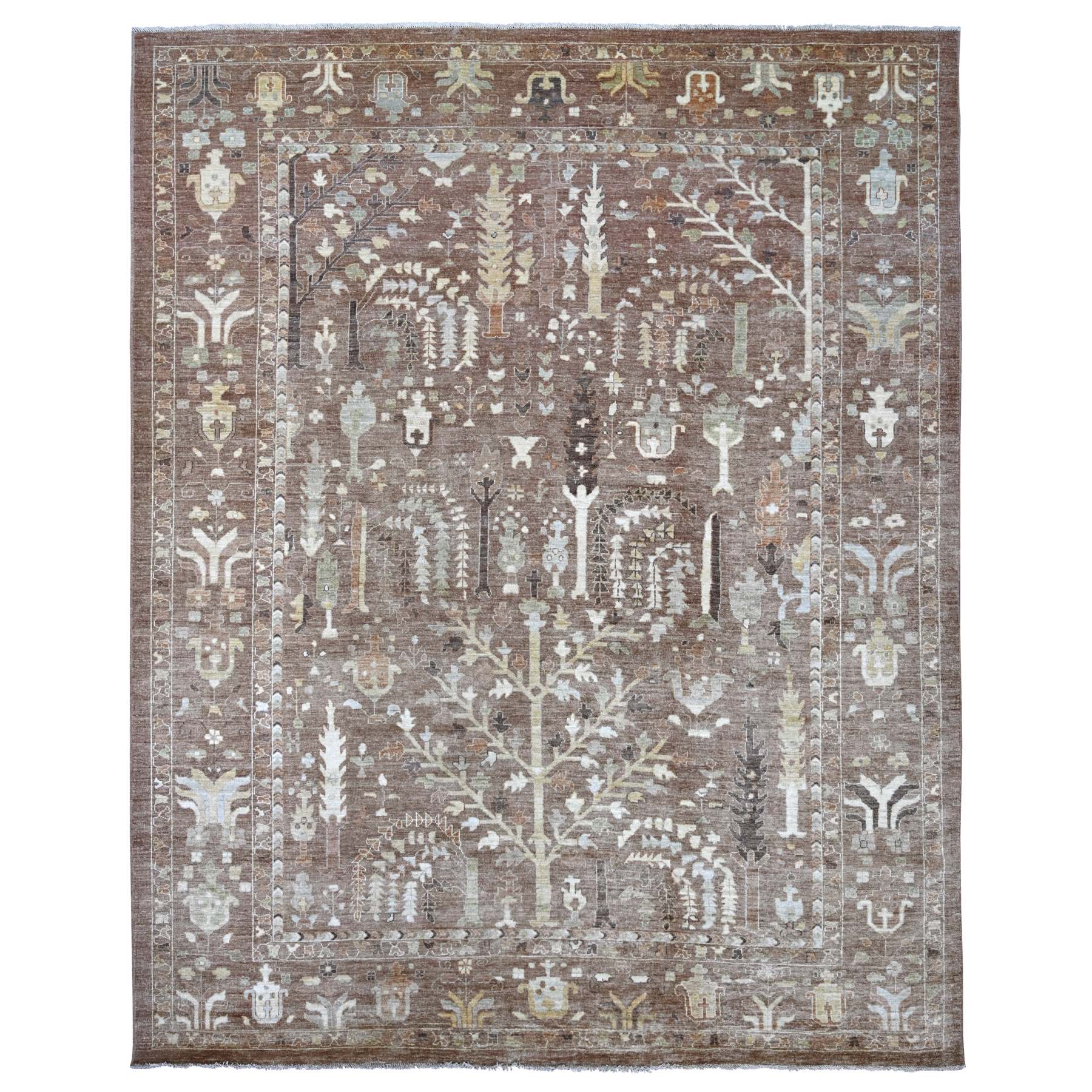 9'6"x11'8" Cedar Brown, Afghan Angora Oushak with Willow and Cypress Tree Design, Hand Knotted, 100% Wool, Vegetable Dyes, Oriental Rug 